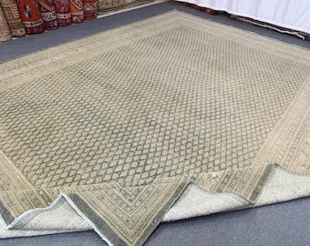 9x12 Semi Antique Turkish Rug: 1940s Green-Beige Wool Rug, 9'1''x12'3'' Vintage Neutral Carpet