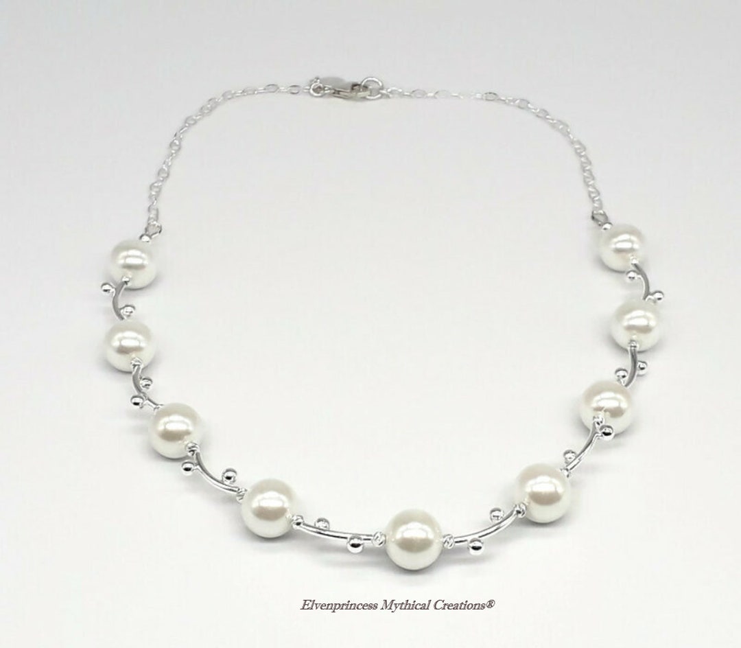 Aleasha Collana Girocollo Con Perle Bianche 10mm In Argento 925 E Zirconi - Regolabile 40+5 Cm