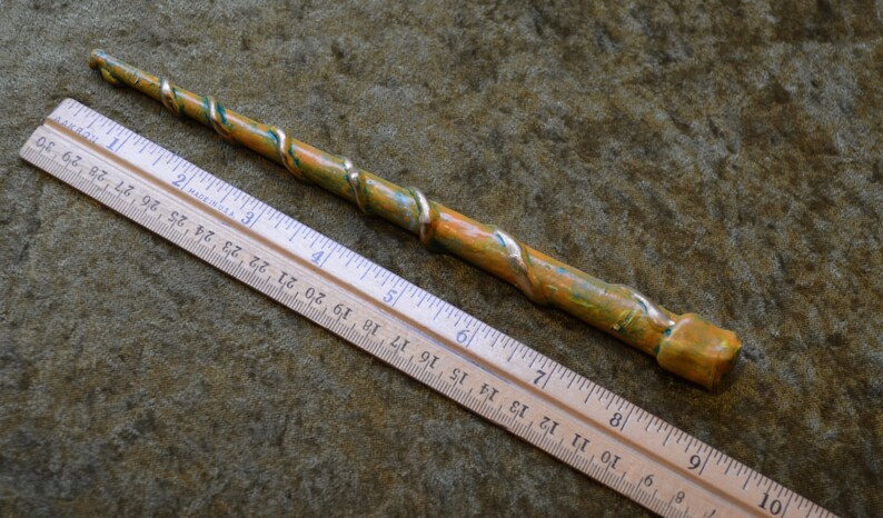 Includes Wand Pouch Magic Wand Orange and Green Patina with Gold Swirl Accent Handcrafted /& Unique!