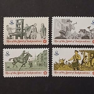 May include: Four vintage postage stamps featuring historical scenes. Each stamp has a white background with a black and white illustration and the text "Rise of the Spirit of Independence." The stamps depict scenes of the American Revolution.