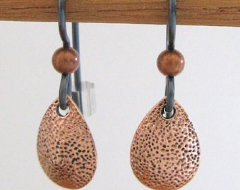 Copper Textured Teardrop Earrings - Hypoallergenic Niobium Earwires