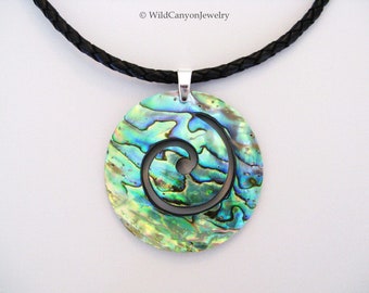 Paua Shell Koru Spiral Round Pendant Necklace