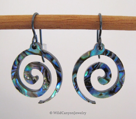 Paua Shell Spiral Earrings - Hypoallergenic Niobium Earwires