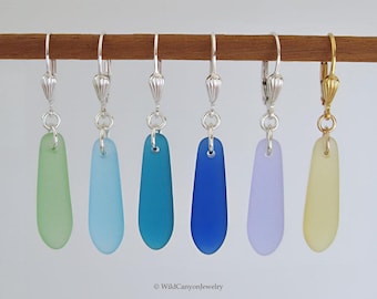 Cultured Sea Glass Teardrop Earrings - Sterling Silver, Gold-Filled Lever-Backs with shell design