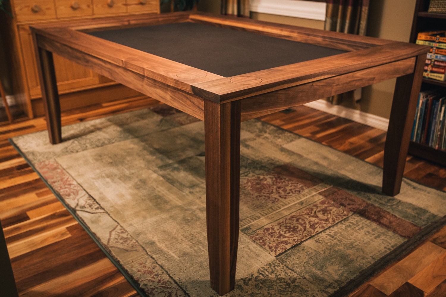 Walnut Board Game Table With Cupholder Fills and Inset Cover