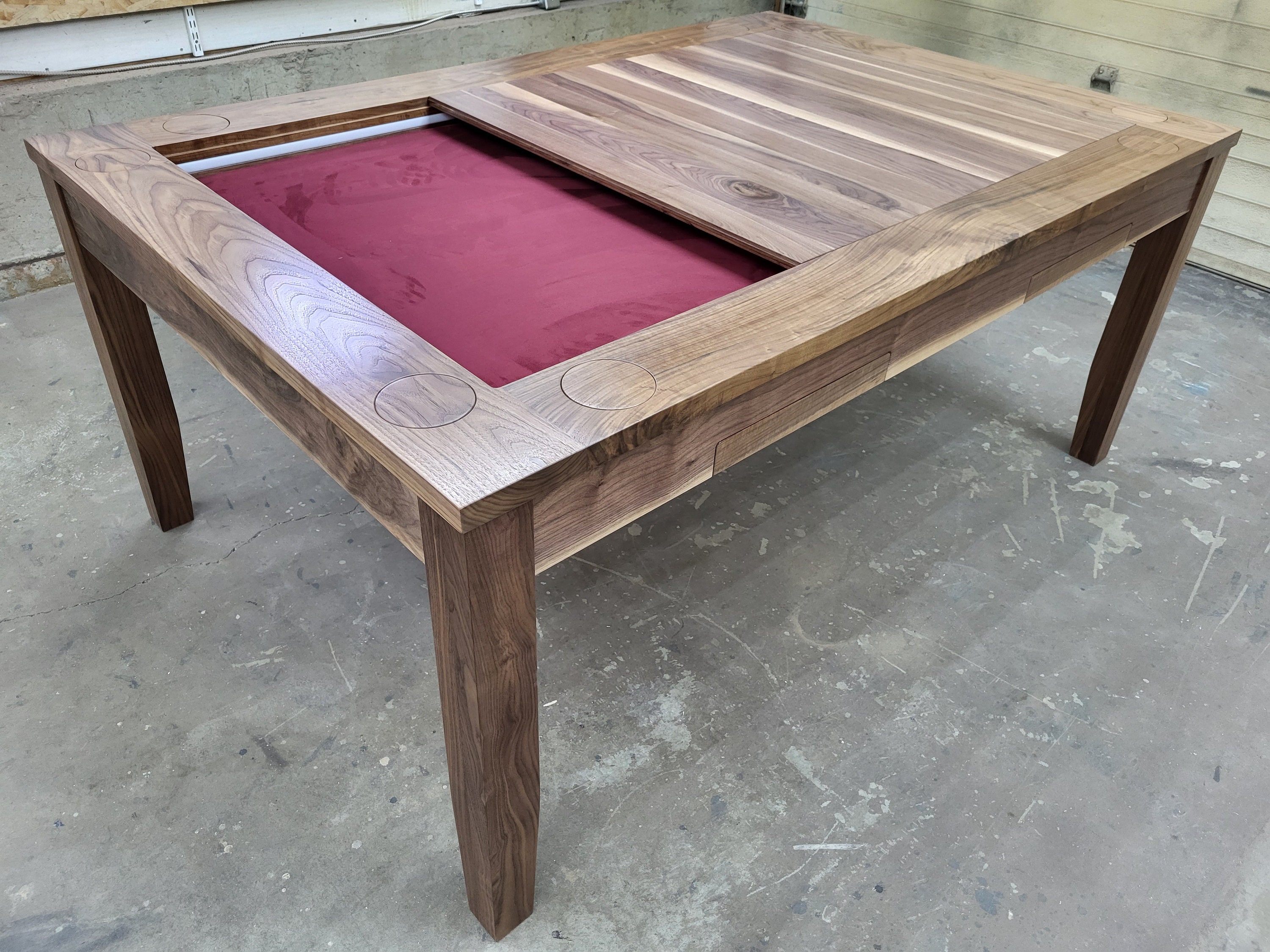 Walnut Board Game Table With Led's, 4 Drawers & 3-piece Inset