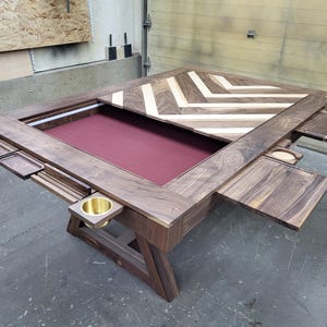 Walnut & Maple Board Game Table, Herringbone Inset Cover, Magnetic Rail System With Accessories And LED&#39;s
