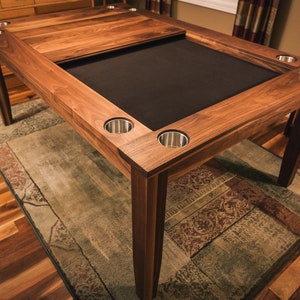 Walnut Board Game Table With Cupholder Fills And Inset Cover