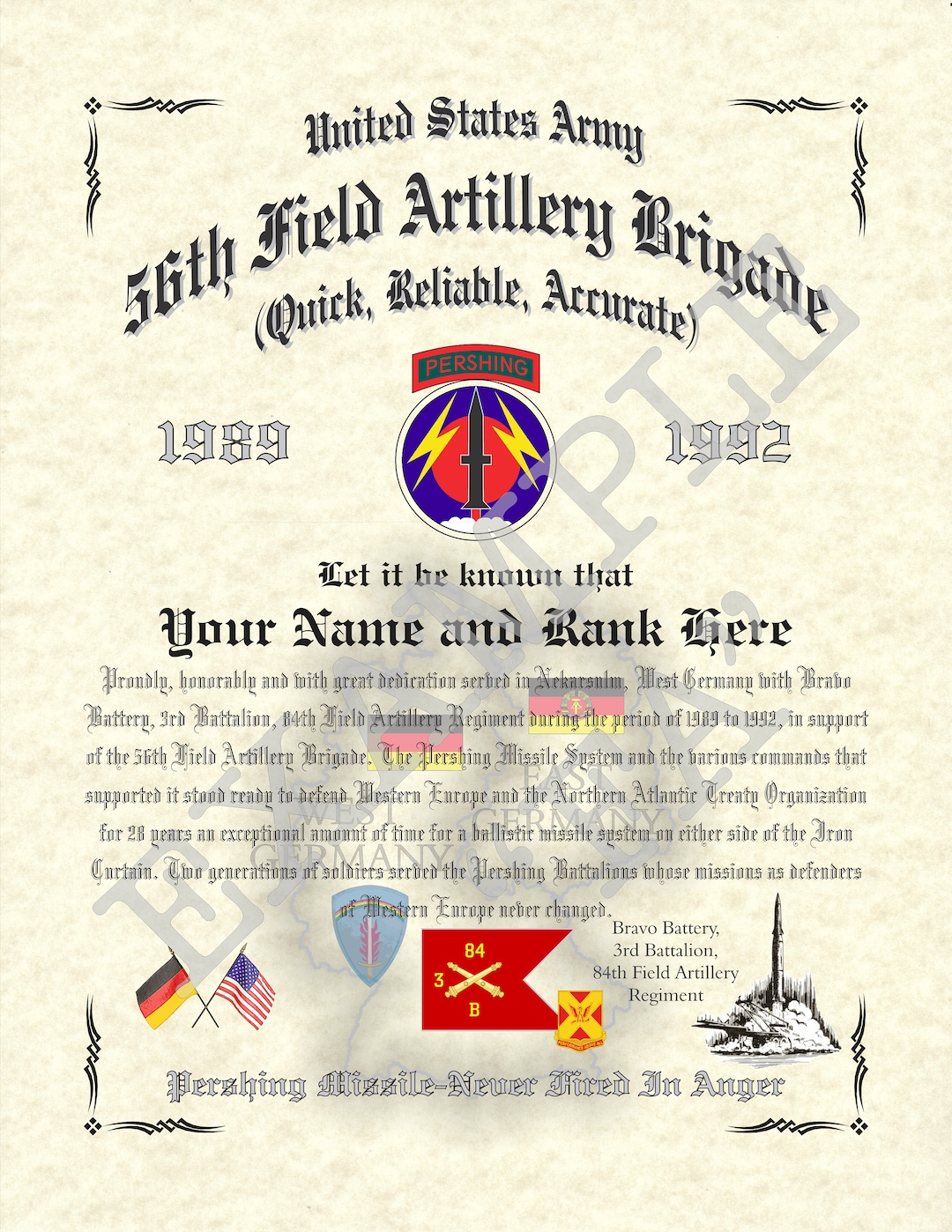 56th Field Artillery pershing Certificate 8.5 X 11