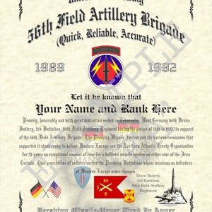 56th Field Artillery Brigade/Command (Pershing) Certificate 8.5&quot; x 11&quot; Personalized &quot;Special Unit&quot; Art Style Design Made to Order!