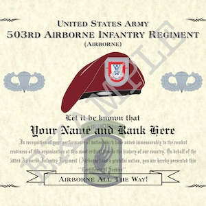 503rd Airborne Infantry Regiment (ABN), 8.5&quot; x 11&quot; Personalized &quot;Beret&quot; Art Print For Den, Game Room Or Living Room!