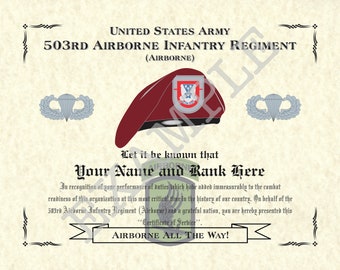 503rd Airborne Infantry Regiment (ABN), 8.5" x 11" Personalized "Beret" Art Print For Den, Game Room Or Living Room!