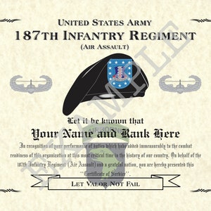 May include: A certificate of service for the 187th Infantry Regiment (Air Assault) of the United States Army. The certificate features a black beret with the regiment's insignia, a pair of silver wings, and the text "Let it be known that Your Name and Rank Here".
