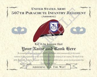 507th Parachute Infantry Regiment (ABN), 8.5" x 11" Personalized "Beret" Art Print For Den, Game Room Or Living Room!