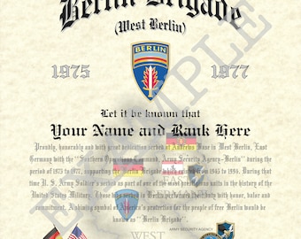 Berlin Brigade Certificate, 8.5&quot; x 11&quot; Personalized &quot;Cold War&quot; Art Print Made to Order For Den, Game Room Or Living Room!