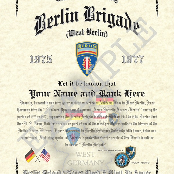 Berlin Brigade Certificate, 8.5" x 11" Personalized "Cold War" Art Print Made to Order For Den, Game Room Or Living Room!