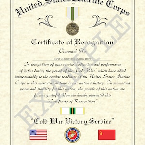 Cold War Victory Certificate - US Marine Corps, 8.5&quot; x 11&quot; Personalized &quot;US Marine Corps Branch&quot; Art Style Design Made to Order!