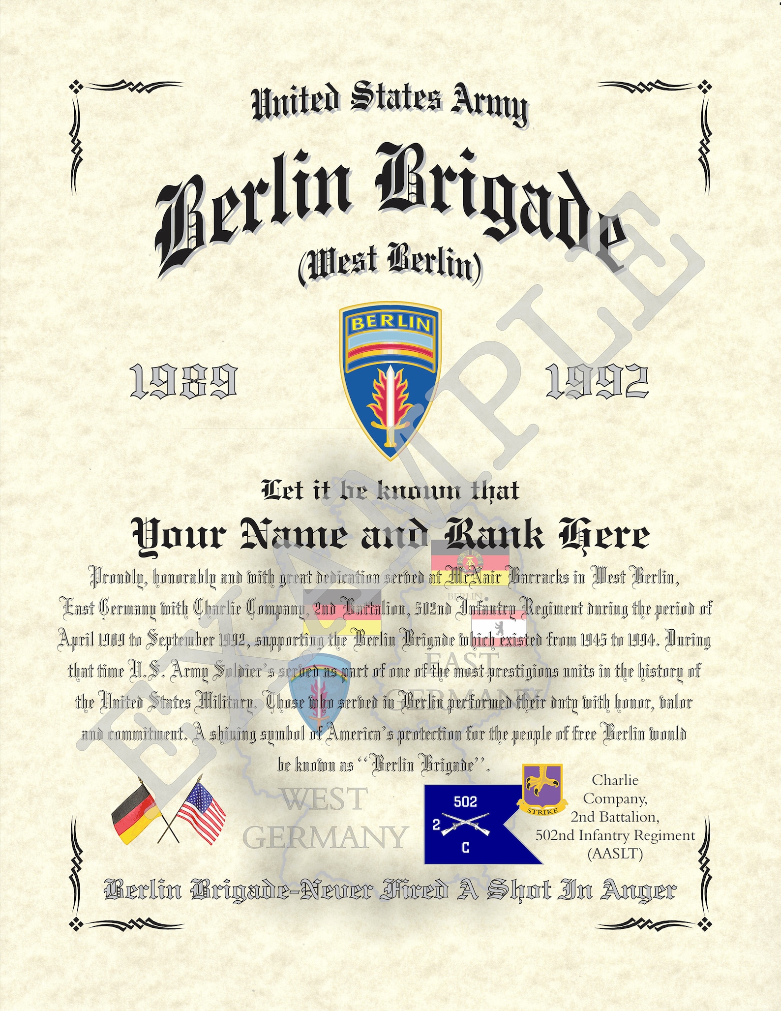 Berlin Brigade Certificate 8.5 X 11 Personalized Etsy