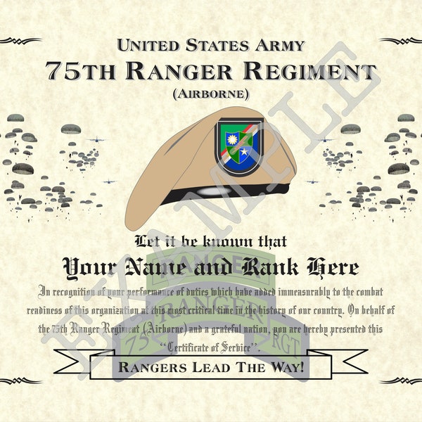 75th Ranger Regiment (ABN) (Tan/Tab-Scroll/Jump), 8.5" x 11" Personalized "Beret" Art Print For Den, Game Room Or Living Room!