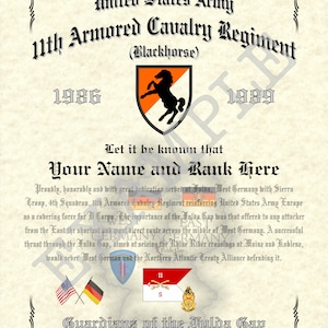 May include: A vintage-style certificate with a black and white illustration of a horse, the text "United States Army 11th Armored Cavalry Regiment (Blackhorse)", and the years "1986" and "1989". The text "Let it be known that Your Name and Rank Here" is also included. The certificate has a decorative border and a background that resembles parchment.