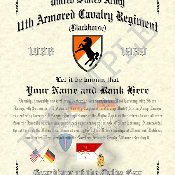 11th Armored Cavalry Regiment, 8.5" x 11" personalized "cold war" art print made to order for den, game room or living room!