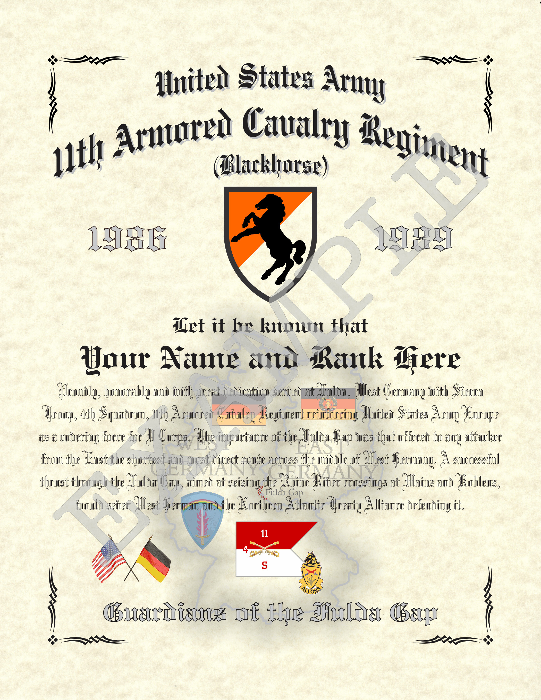 11th Armored Cavalry Regiment, 8.5" x 11" personalized "cold war" art print made to order for den, game room or living room!