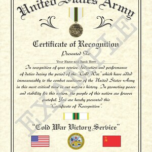 Cold War Victory Certificate - US Army, 8.5&quot; x 11&quot; Personalized &quot;US Army Branch&quot; Art Style Design Made to Order!