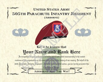505th Parachute Infantry Regiment (ABN), 8.5" x 11" Personalized "Beret" Art Print For Den, Game Room Or Living Room!