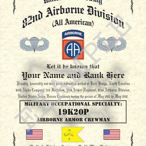 May include: A certificate of service for the United States Army 82nd Airborne Division, also known as the "All American." The certificate is for a person who served in the 3rd Battalion, 82nd Airborne Division, from May 1985 to May 1988. The certificate includes the person's military occupational specialty (MOS) of 19K20P, which is Airborne Armor Crewman. The certificate also includes the text "United States Army - Cold War Veteran."