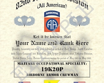 82nd Airborne Division (ABN), Personalized 8.5" x 11" (un-framed) Unit Art Print Commemorative for den, game room or living room! (cl)