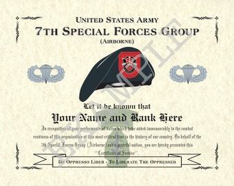 7th Special Forces Group (A/Badge), 8.5&quot; x 11&quot; Personalized &quot;Beret&quot; Wall Art Print Commemorative for den, game room or livingroom