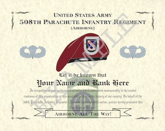 508th Parachute Infantry Regiment (ABN), 8.5" x 11" Personalized "Beret" Art Print For Den, Game Room Or Living Room!