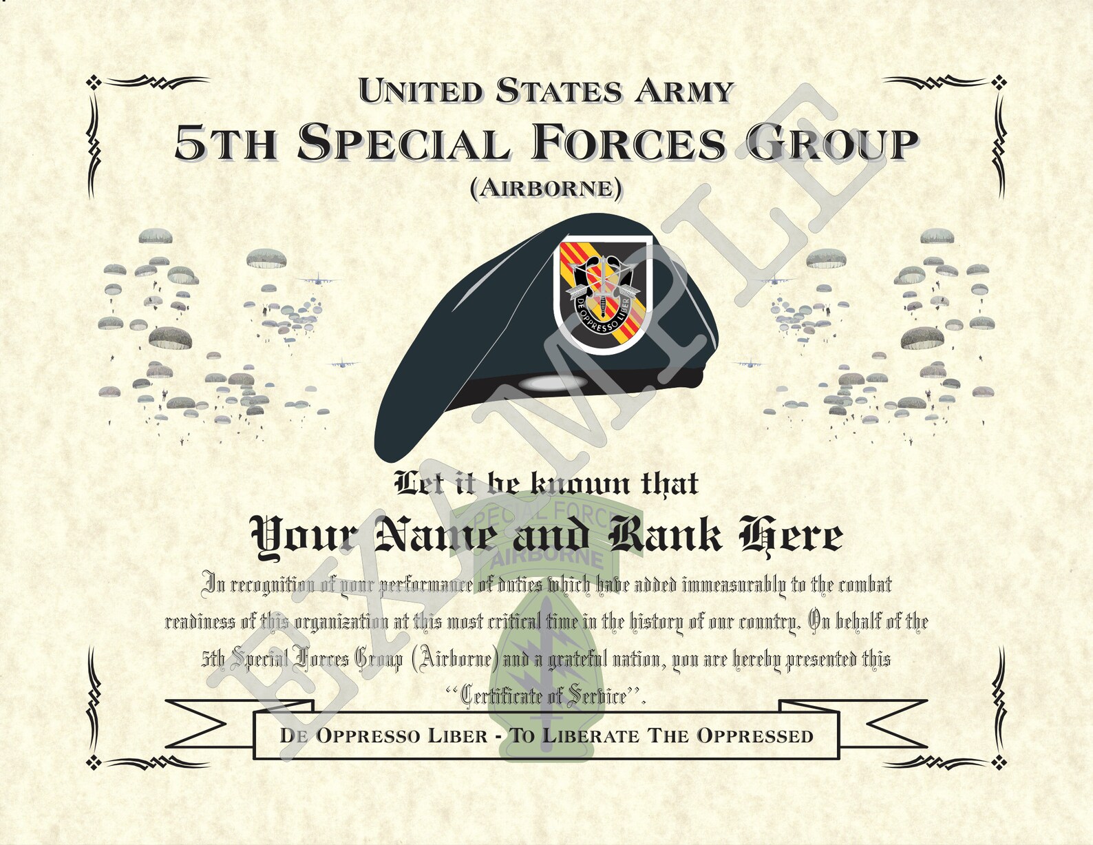 5th Special Forces Group (a/jump/viet), 8.5" X 11" Personalized "beret ...