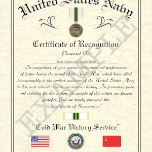 Cold War Victory Certificate - US Navy, 8.5&quot; x 11&quot; Personalized &quot;US Navy Branch&quot; Art Style Design Made to Order!