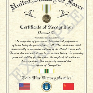 Cold War Victory Certificate - US Air Force, 8.5&quot; x 11&quot; Personalized &quot;US Air Force Branch&quot; Art Style Design Made to Order!
