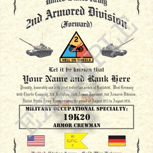 May include: A certificate of service for a United States Army veteran who served in the 2nd Armored Division during the Cold War. The certificate features the division's insignia, a tank, and the text "Hell on Wheels". It also includes the veteran's military occupational specialty, "19K20 Armor Crewman", and the dates of service, August 1975 to August 1978.