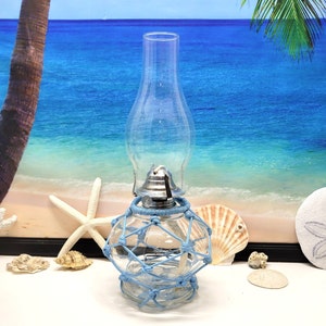 Nautical Light Blue Hand Knotted Netting on Working Kerosene Oil Lamp