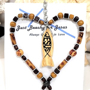 Jesus Fish Heart Car Ornament: Wooden Bead Rearview Mirror Charm