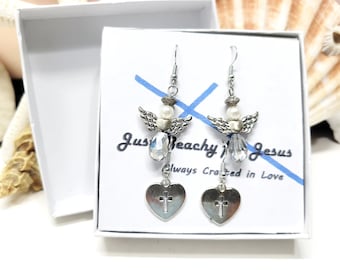Kristall Engel Ohrringe Set, Silber Herzen mit Kreuzen, Glaube Schmuck Geschenk