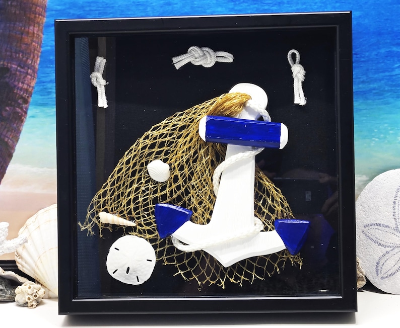 Nautical Shadow Box With Blue and White Anchor Net Sand Dollar and ...