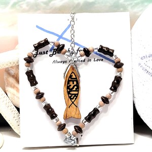 Wooden Beads Heart with Jesus Fish Car Rearview Mirror Hanging Car Jewelry Ornament