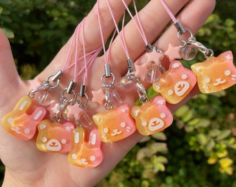 Small Fuzzy Peach Animal Phone Charm - Handmade Resin Planner Charm with Beads - OOAK Kawaii Accessories