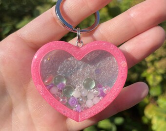 Pink and Blue Heart Dry Shaker Keychain - Handmade OOAK Kawaii Accessories - Resin Bag Charm