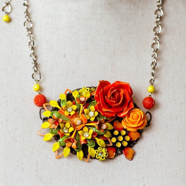 Retro Orange and Yellow Necklace Set, earrings, Orange Rose, Yellow flowers, Silver, Vintage Jewelry, collage necklace, bib necklace, ooak.