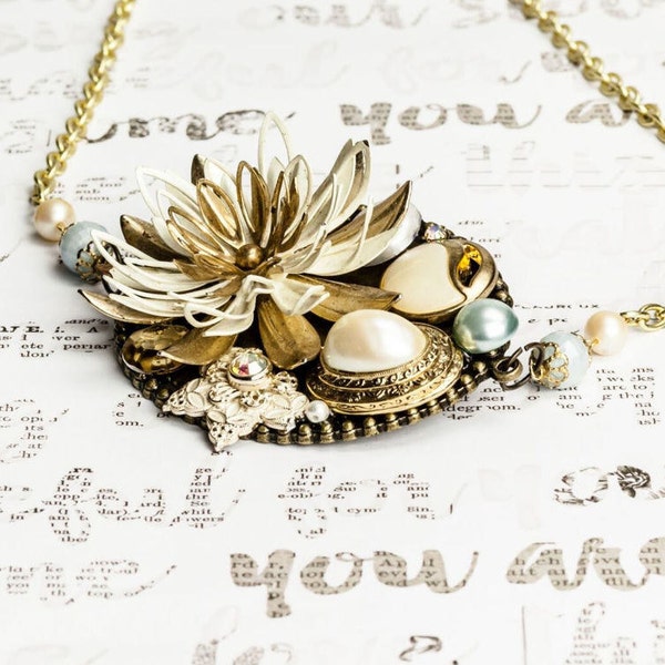 Cream  and Gold Flower Necklace, Vintage Collage Necklace, Cream and baby blue Necklace, Flower necklace, Upcycled jewelry