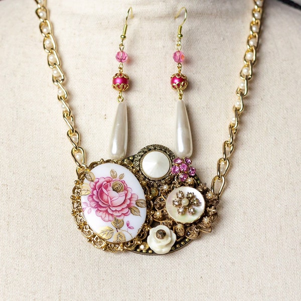 Pink Rose Cameo Necklace Set, earrings, white and gold necklace, pearl rose cameo necklace, vintage jewelry, collage necklace, bib necklace,