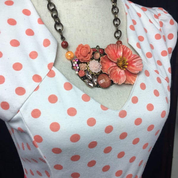 Peach Flower Necklace Set, earrings, statement necklace, orange and yellow, flower necklace, vintage jewelry, collage necklace, bib necklace