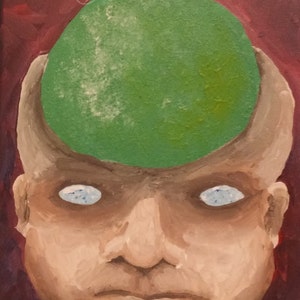 Peut inclure: Une peinture d'un visage avec un grand cercle vert au-dessus de la tête. La personne a une expression sérieuse et ses yeux sont blancs avec des pupilles bleues.