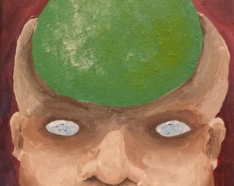Op de afbeelding: Een schilderij van een gezicht met een grote groene cirkel boven het hoofd. De persoon heeft een serieuze uitdrukking en zijn ogen zijn wit met blauwe pupillen.