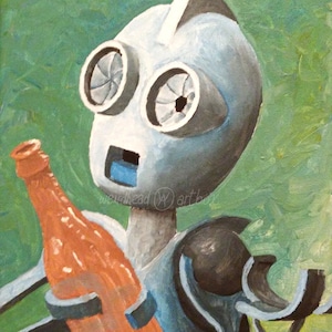Peut inclure: Une peinture d'un robot tenant une bouteille de soda orange. Le robot a un visage bleu et de grands yeux ronds. L'arrière-plan est de couleur verte.